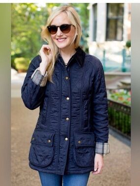 BARBOUR Quilted Navy Jacket with Plaid Trim - Women's Size 8